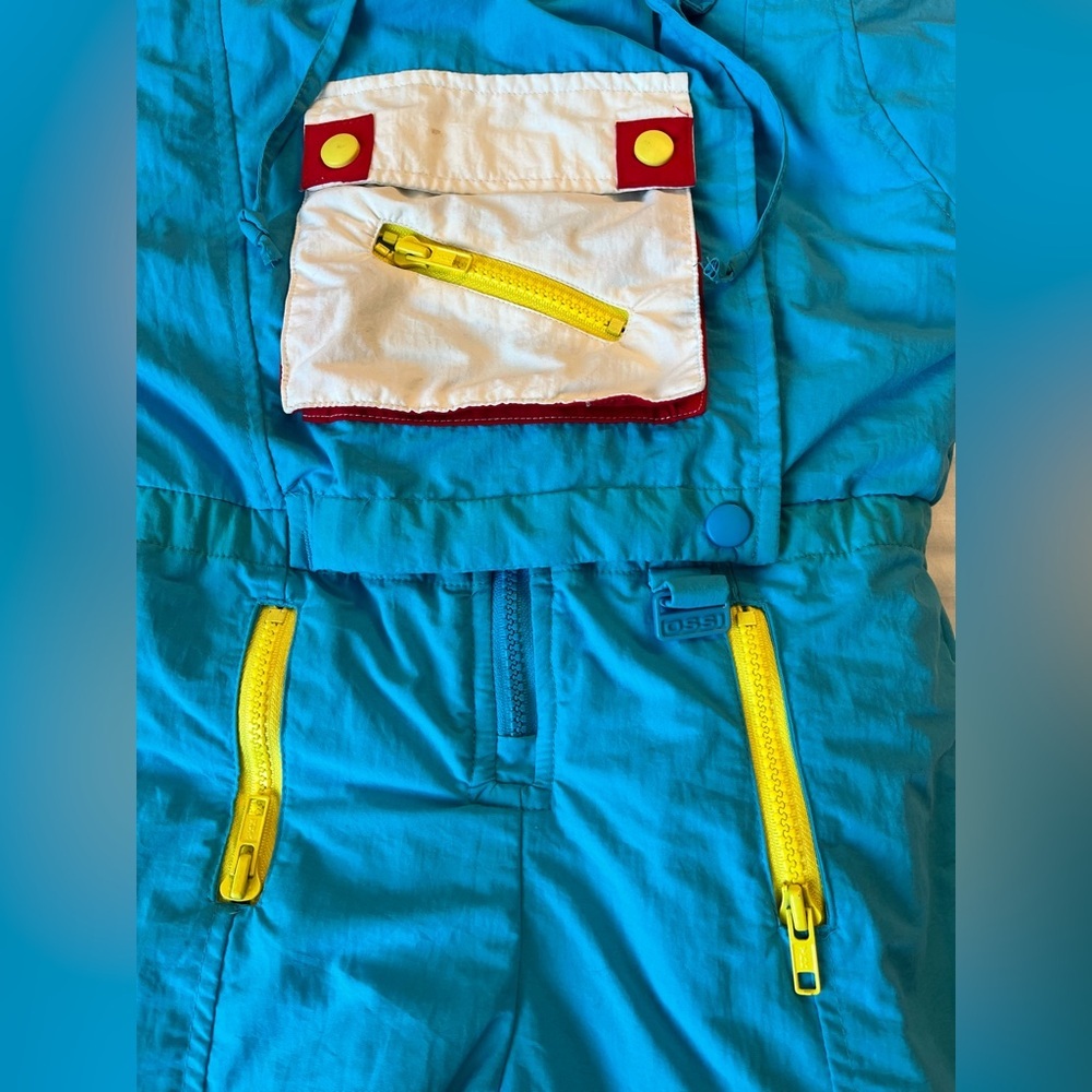 Vintage OSSI SKIWEAR SKI SUIT - Kids Size 4 Blue, Yellow, Red - HONG KONG - Picture 3 of 12